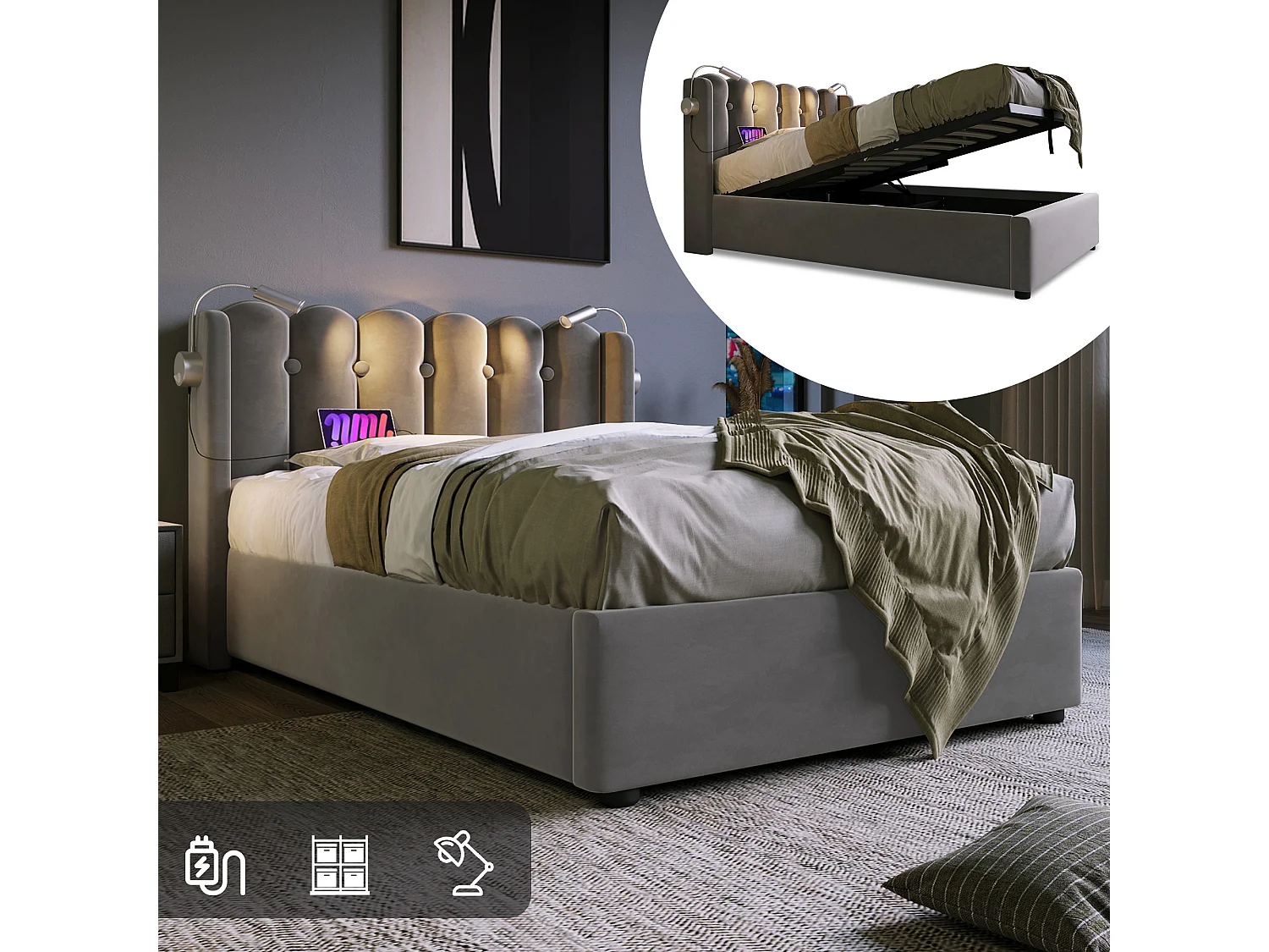 Cama contenedor acolchada de terciopelo 90x200 cm Lámpara de lectura con carga - Gris