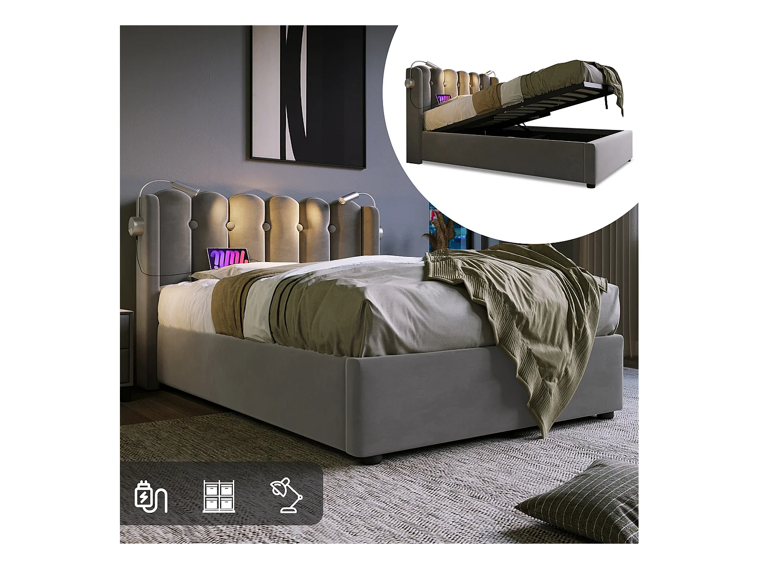 Lit coffre capitonné en Velours 90x200 cm Lampe de lecture avec chargement - Gris