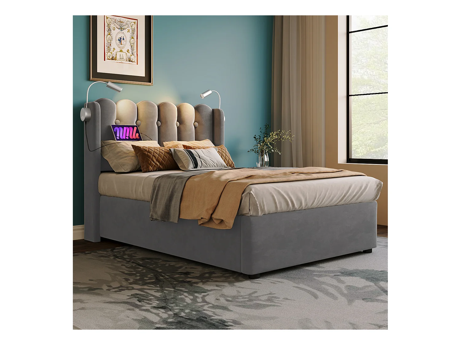 Lit coffre capitonné en Velours 90x200 cm Lampe de lecture avec chargement - Gris