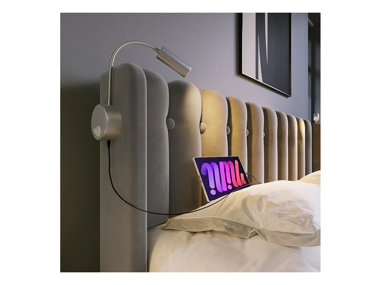 Lit coffre capitonné en Velours 90x200 cm Lampe de lecture avec chargement - Gris