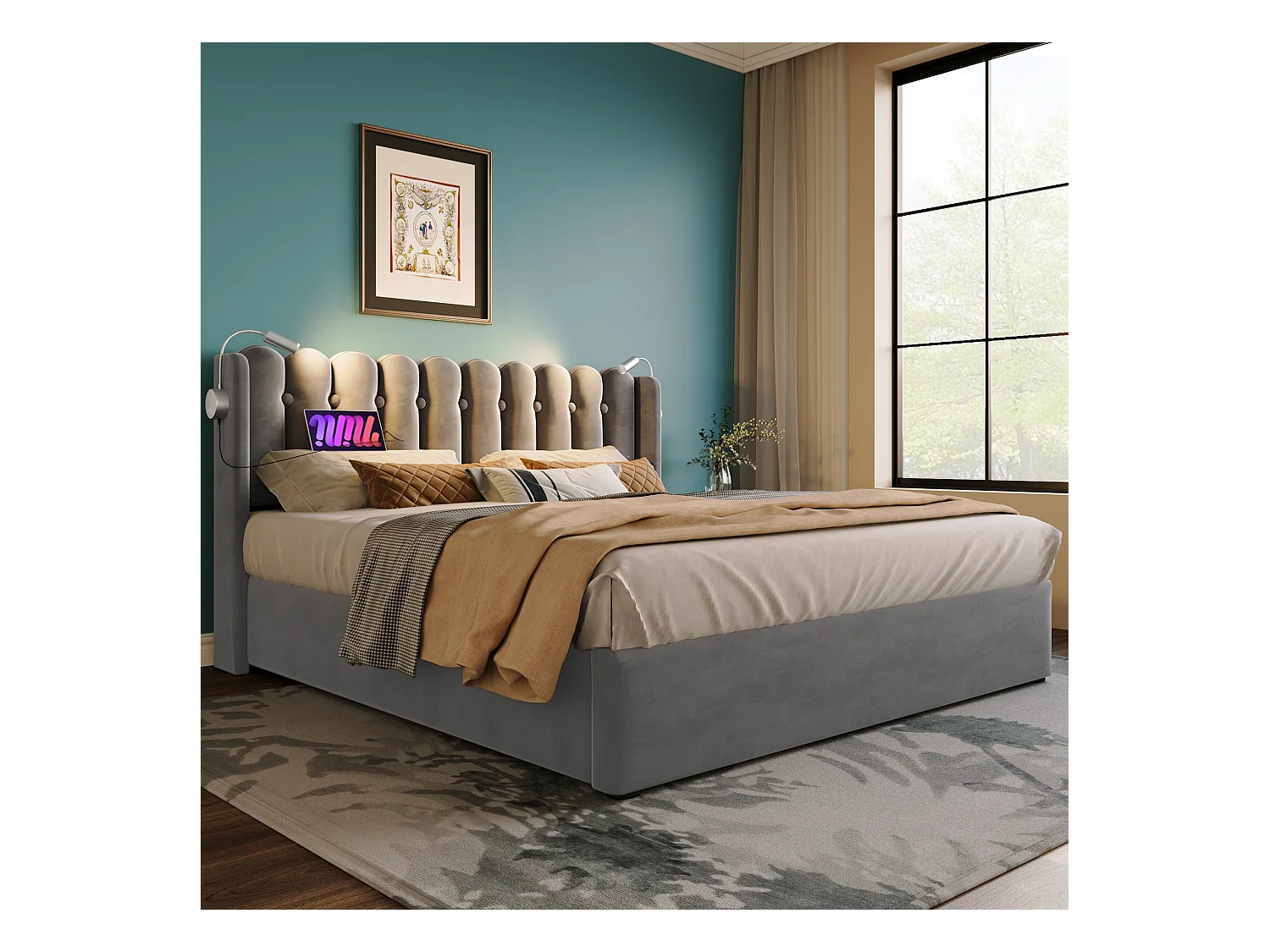 Stauraumbett 160x200 cm – Grauer Samt – Erwachsenenbett mit Leselicht und Ladefunktion – ohne Matratze
