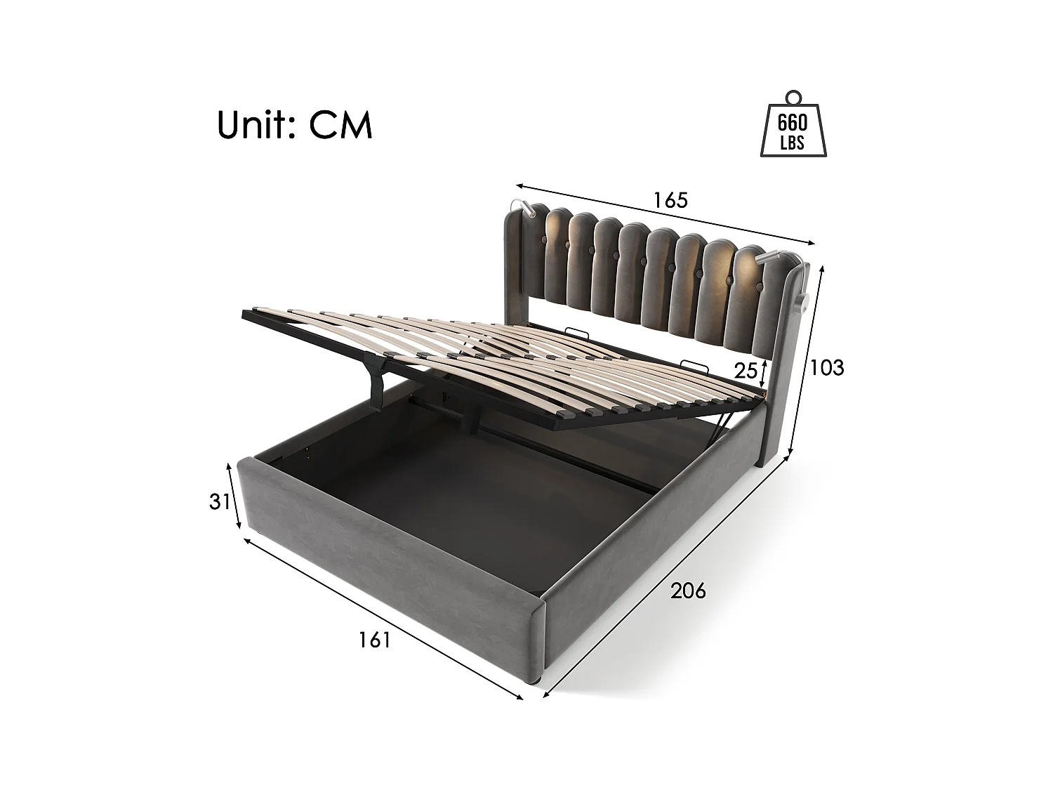 Stauraumbett 160x200 cm – Grauer Samt – Erwachsenenbett mit Leselicht und Ladefunktion – ohne Matratze
