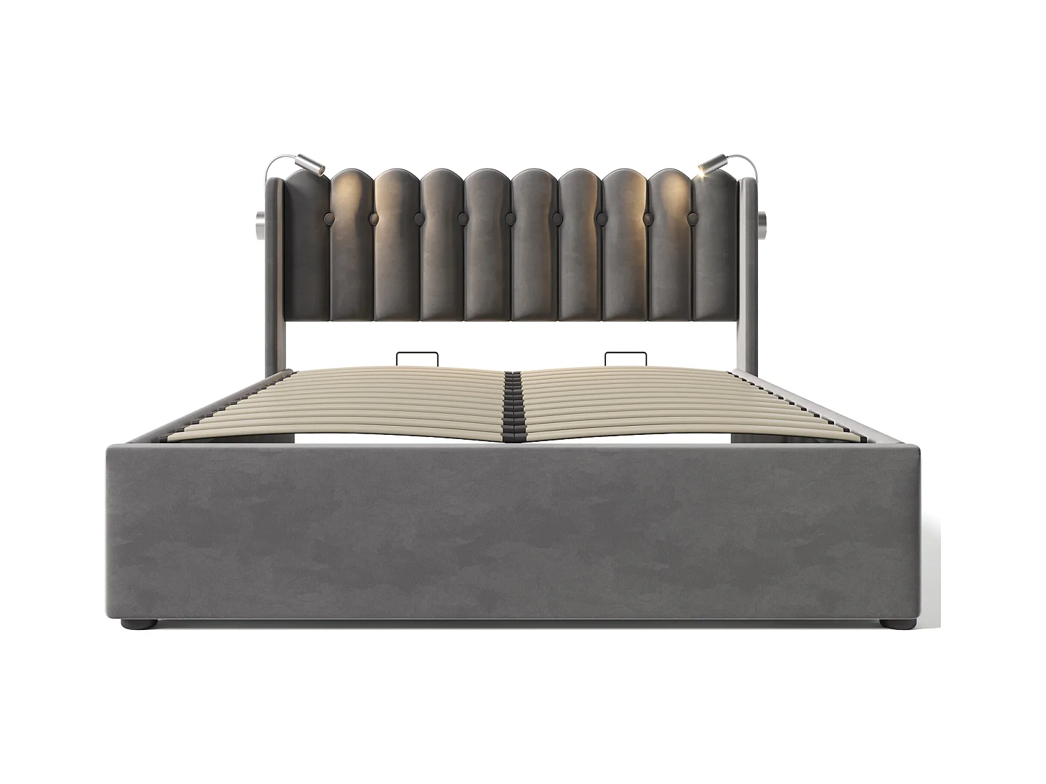 Stauraumbett 160x200 cm – Grauer Samt – Erwachsenenbett mit Leselicht und Ladefunktion – ohne Matratze