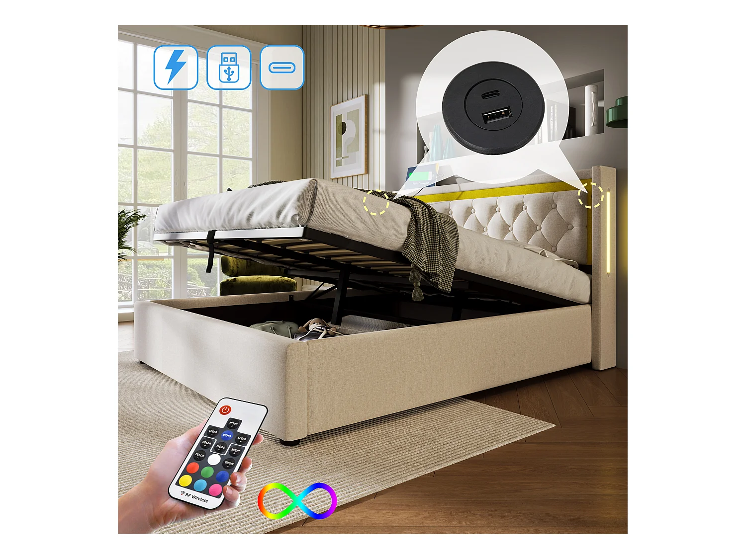 Lit coffre 160x200 cm - Lit rembourré avec éclairage LED et recharge USB - coton beige - sans matelas