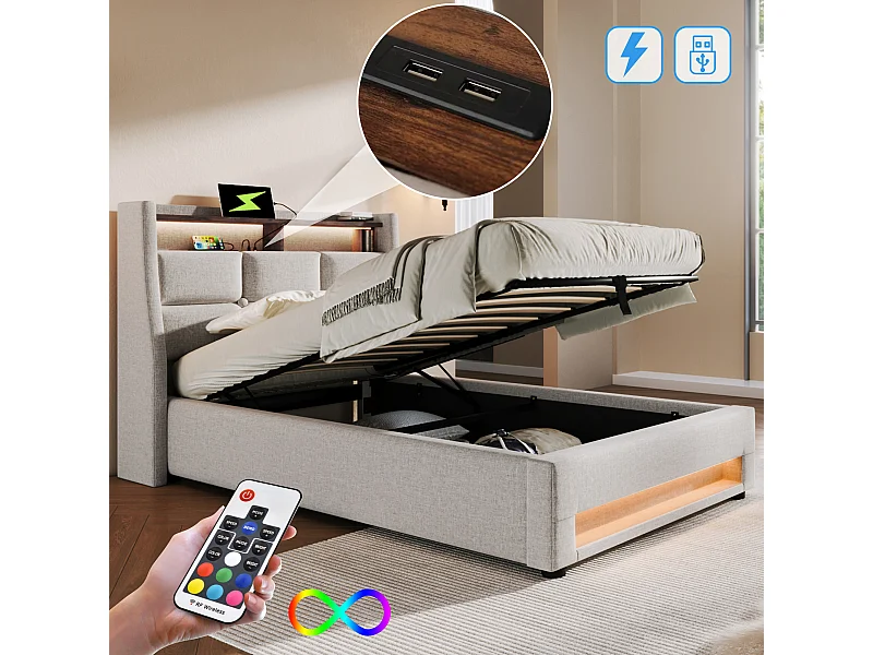 Bett mit Stauraum 90 x 200 cm – Beigefarbenes Leinen – Kinderbett mit USB-Anschluss und LED-Beleuchtung – Metallrahmen – Ohne Matratze