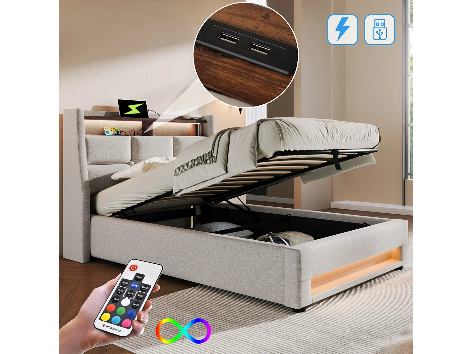 Bett mit Stauraum 90 x 200 cm – Beigefarbenes Leinen – Kinderbett mit USB-Anschluss und LED-Beleuchtung – Metallrahmen – Ohne Matratze