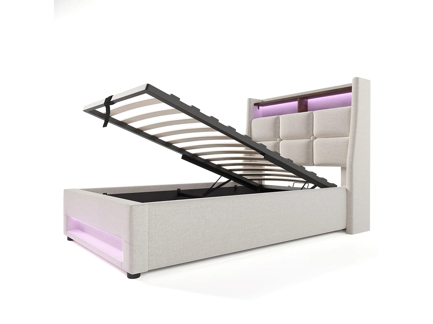 Bett mit Stauraum 90 x 200 cm – Beigefarbenes Leinen – Kinderbett mit USB-Anschluss und LED-Beleuchtung – Metallrahmen – Ohne Matratze