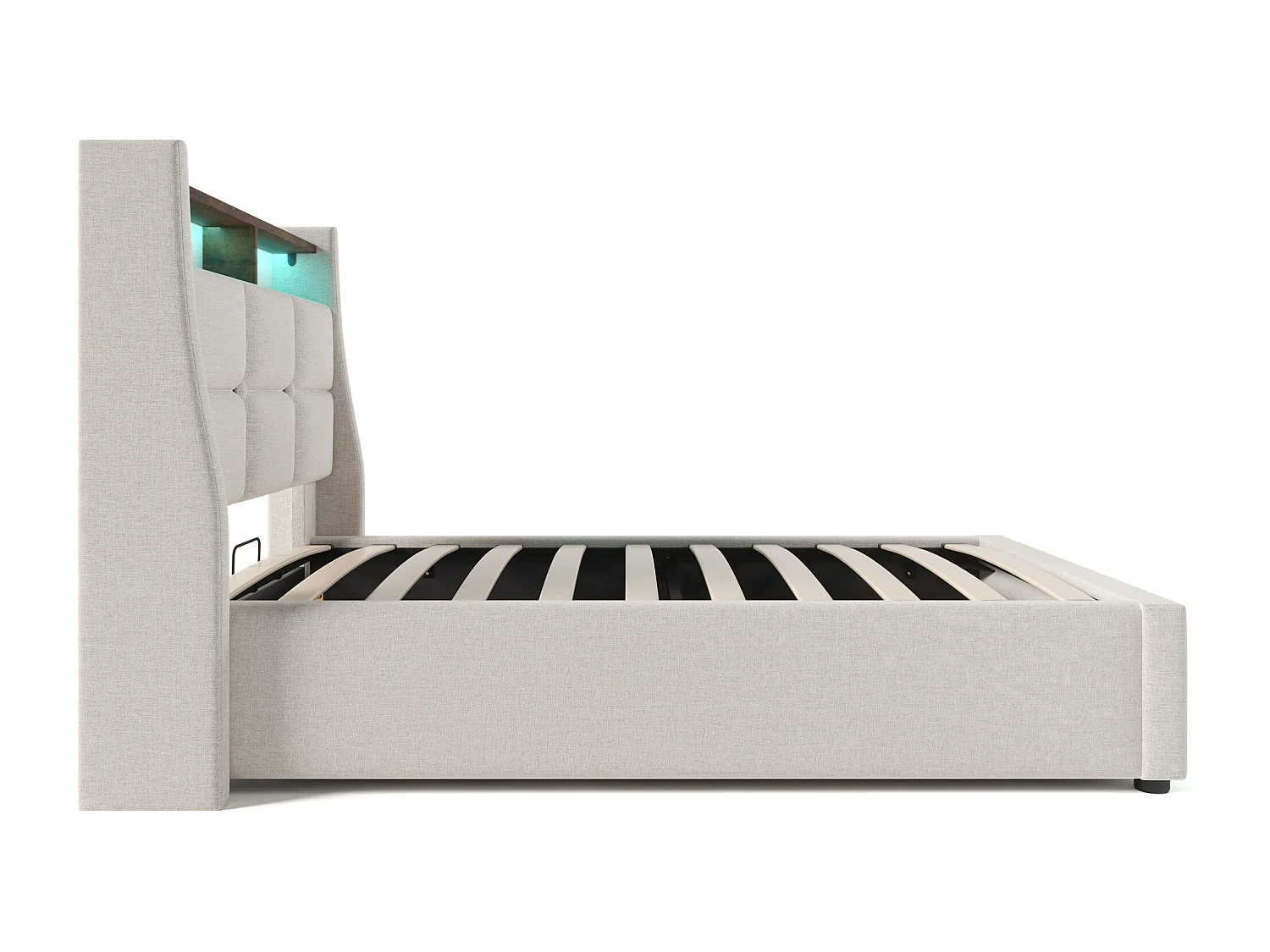 Bett mit Stauraum 90 x 200 cm – Beigefarbenes Leinen – Kinderbett mit USB-Anschluss und LED-Beleuchtung – Metallrahmen – Ohne Matratze