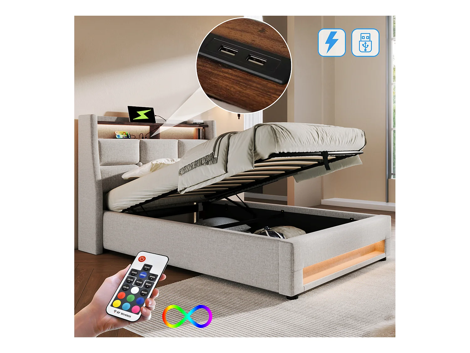 Lit coffre  90x200 cm - Lit rembourré avec USB et LED - sommier en métal - beige - sans matelas
