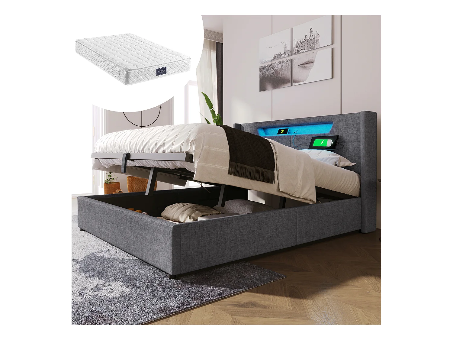 Lit coffre rembourré en Lin 160x200 cm avec USB Type C et éclairage LED - Gris(matelas inclus)