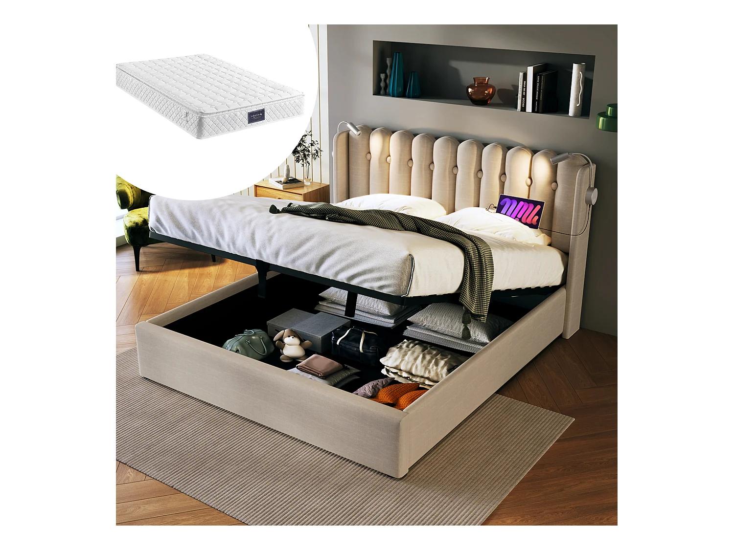 Lit coffre 160 x 200 cm - Lit rembourré avec lampe de lecture et fonction de charge - lin naturel - matelas inclus