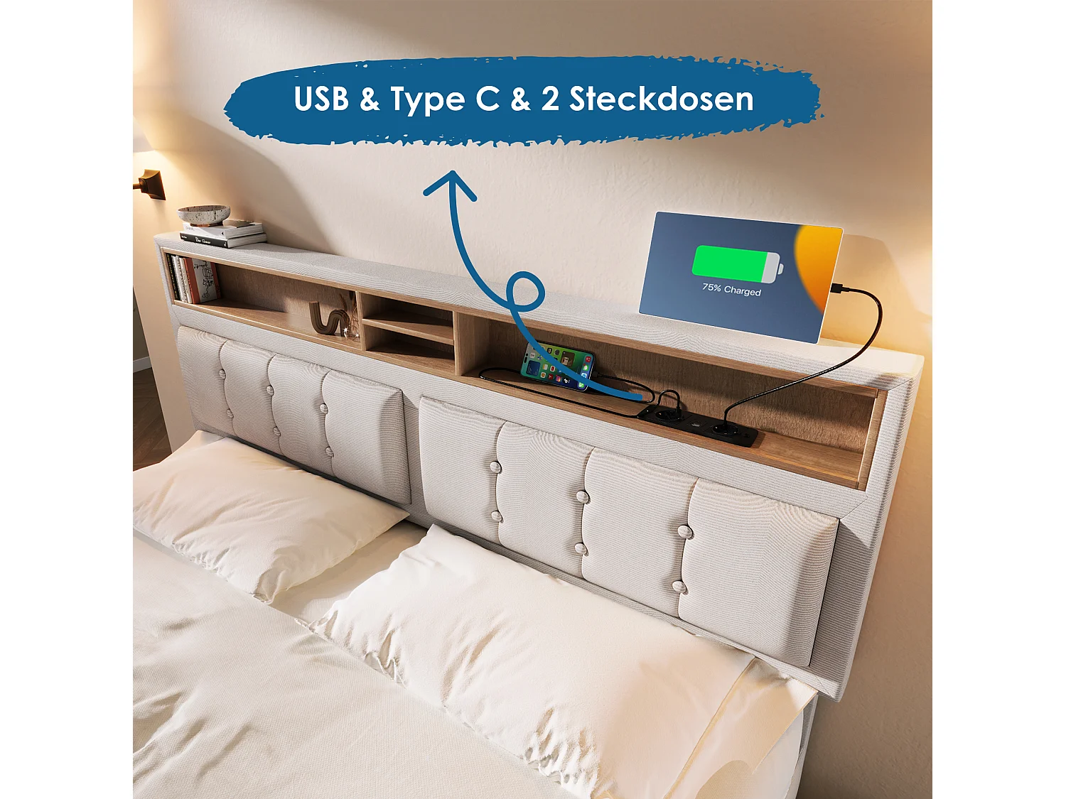 Lit coffre 140x200 cm - lin beige - lit adulte avec prise de charge - sommier à lattes - sans matelas