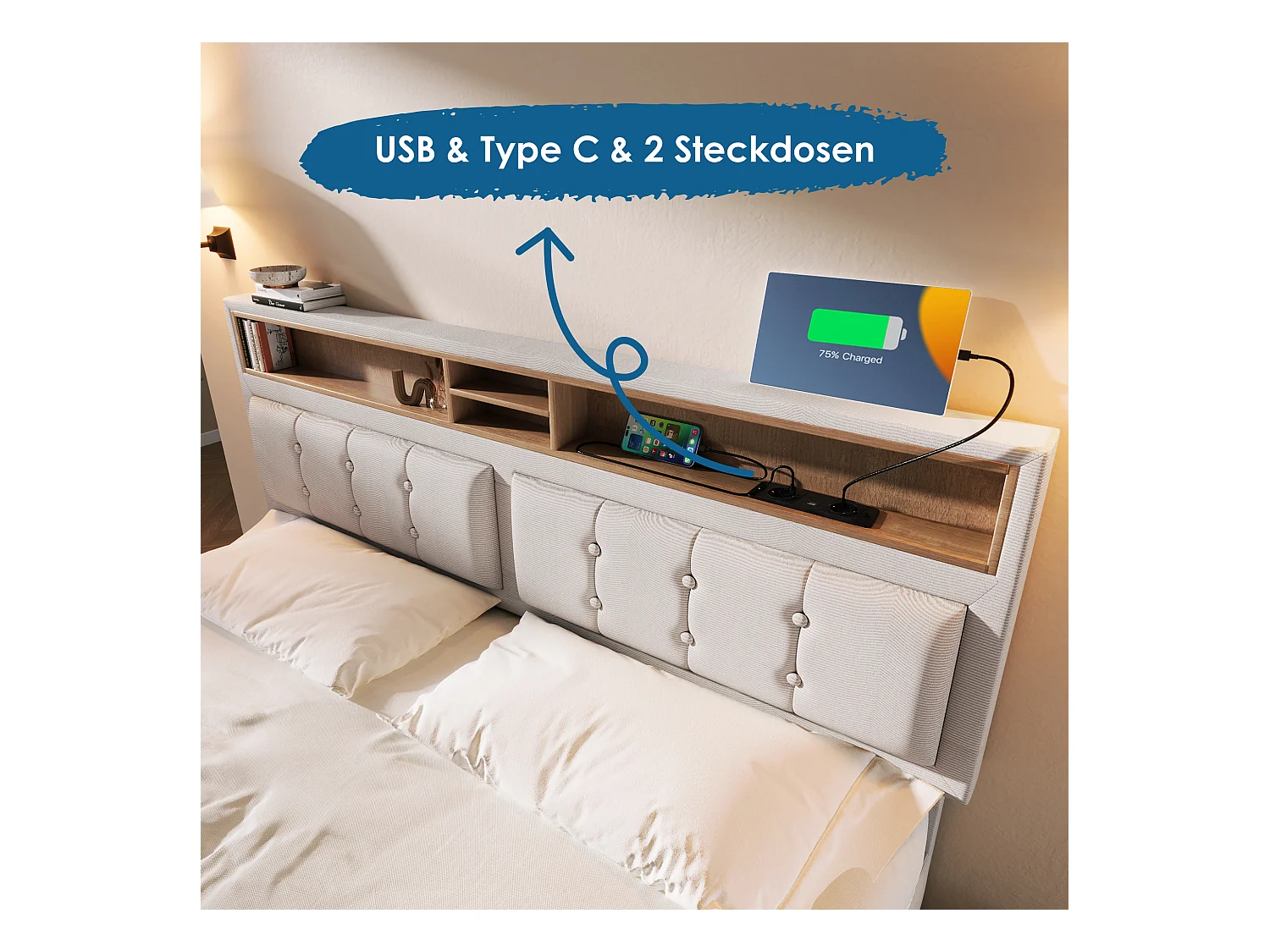 Lit coffre 140x200 cm - lin beige - lit adulte avec prise de charge - sommier à lattes - sans matelas