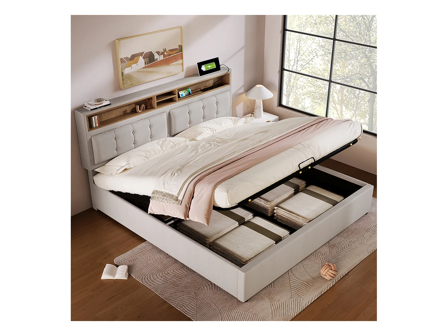 Lit coffre 140x200 cm - lin beige - lit adulte avec prise de charge - sommier à lattes - sans matelas
