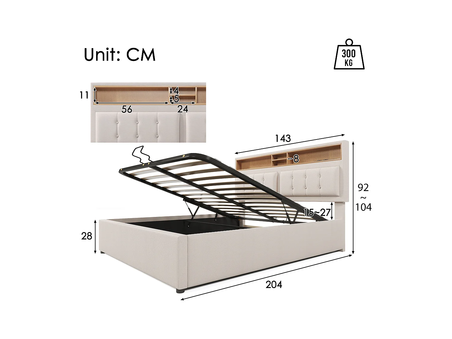 Lit coffre 140x200 cm - lin beige - lit adulte avec prise de charge - sommier à lattes - sans matelas