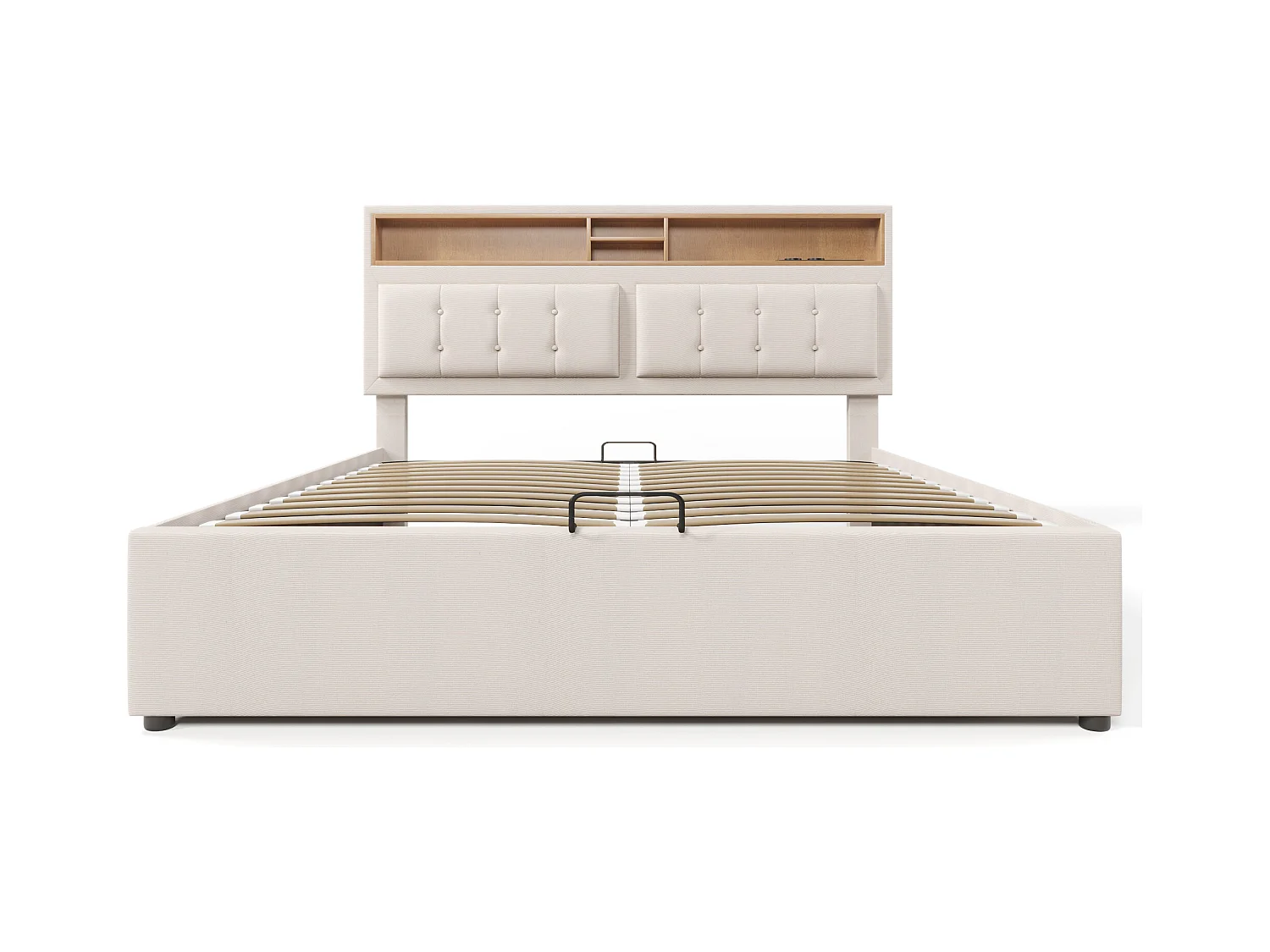 Lit coffre 140x200 cm - lin beige - lit adulte avec prise de charge - sommier à lattes - sans matelas