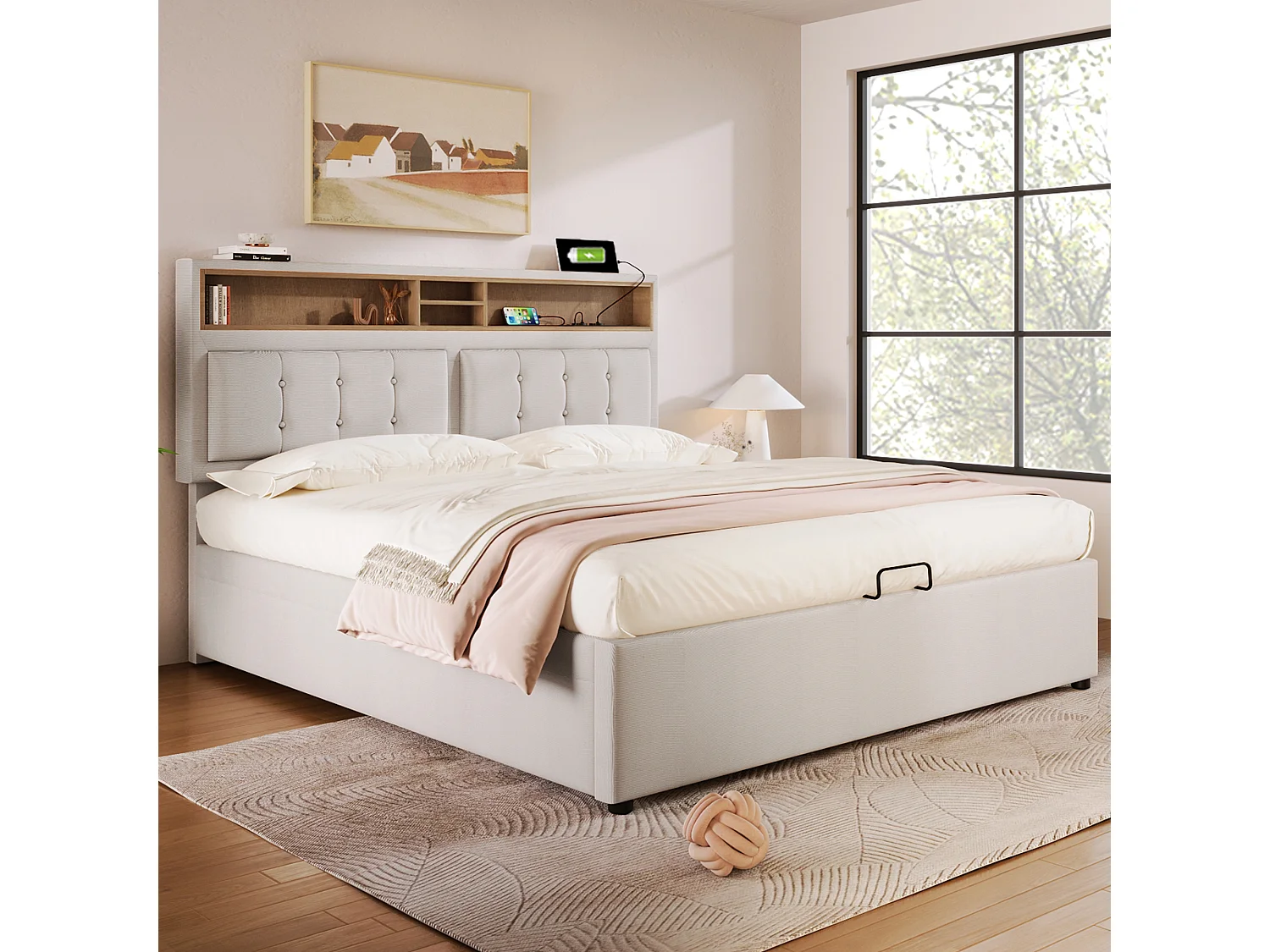 Bed met opbergruimte 140 x 200 cm - Beige linnen - Tienerbed met stopcontacten en USB-aansluitingen - Verstelbaar hoofdeinde - Zonder matras
