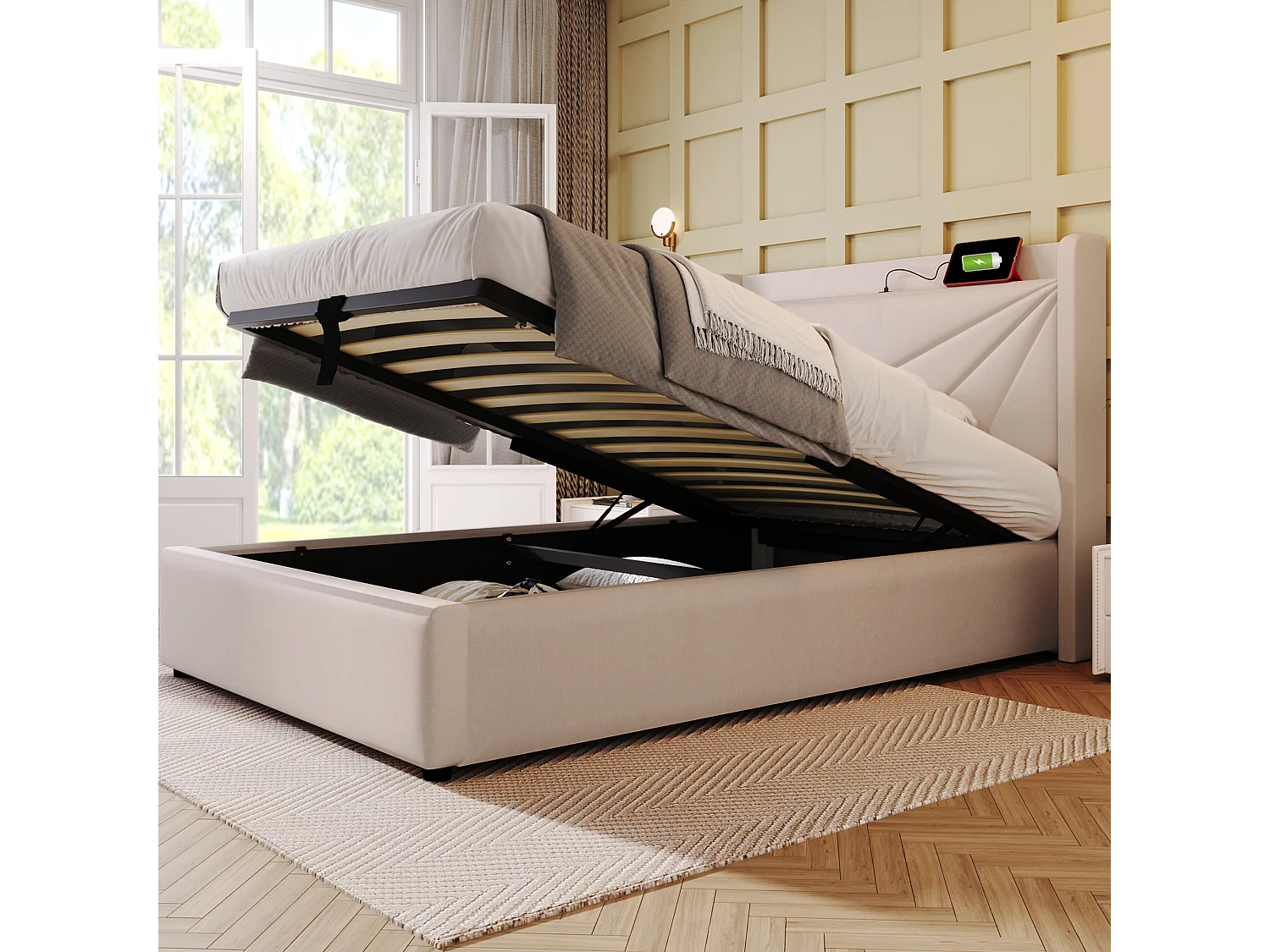 Lit coffre 90x200 - Lit simple avec chargeur USB - sommier à lattes - lin beige - sans matelas