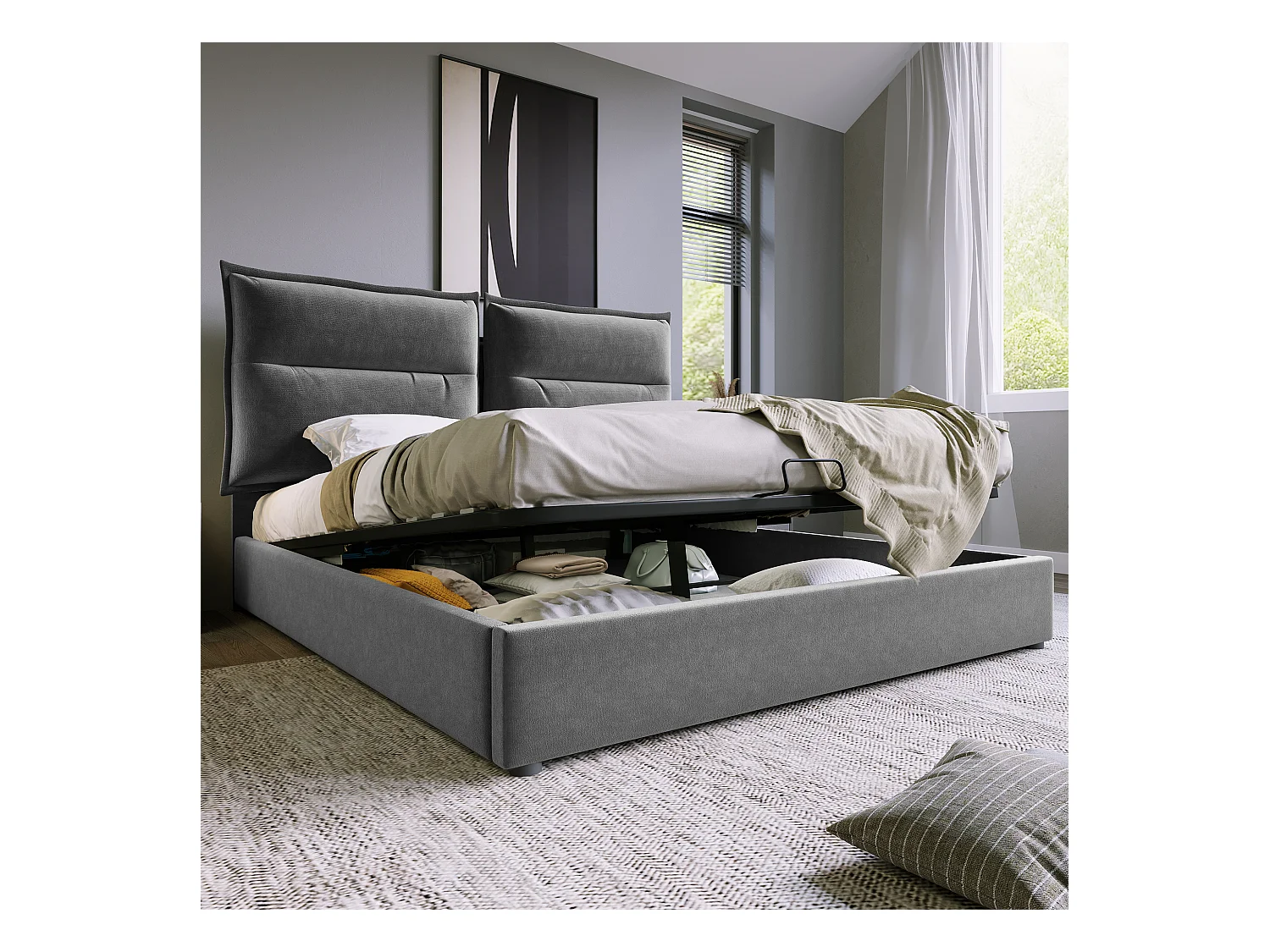 Lit coffre 140x200 cm - Velours gris - Lit adulte avec tête de lit réglable et sommier à lattes métalliques - Sans matelas