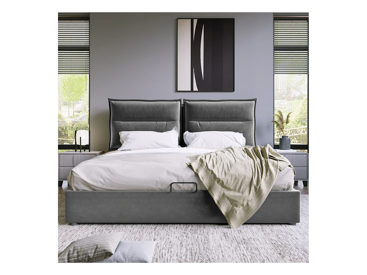 Bett mit Stauraum 140 x 200 cm – grauer Samt – Erwachsenenbett mit verstellbarem Kopfteil und Metallrahmen – ohne Matratze