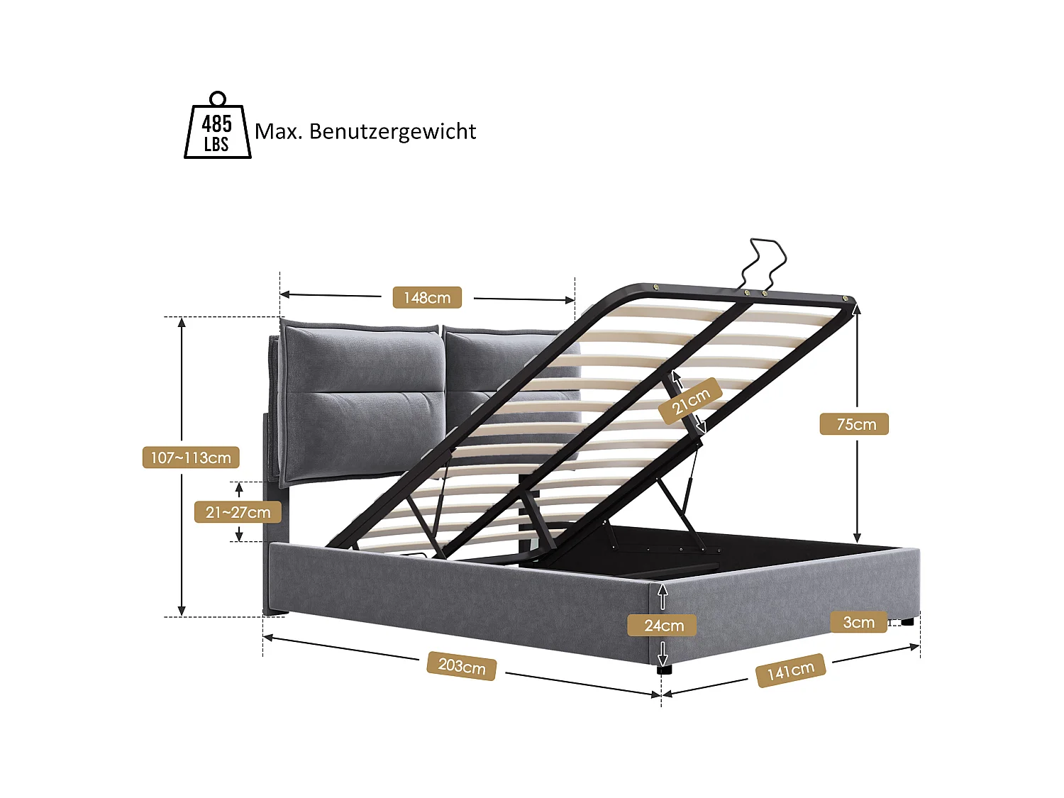 Bett mit Stauraum 140 x 200 cm – grauer Samt – Erwachsenenbett mit verstellbarem Kopfteil und Metallrahmen – ohne Matratze