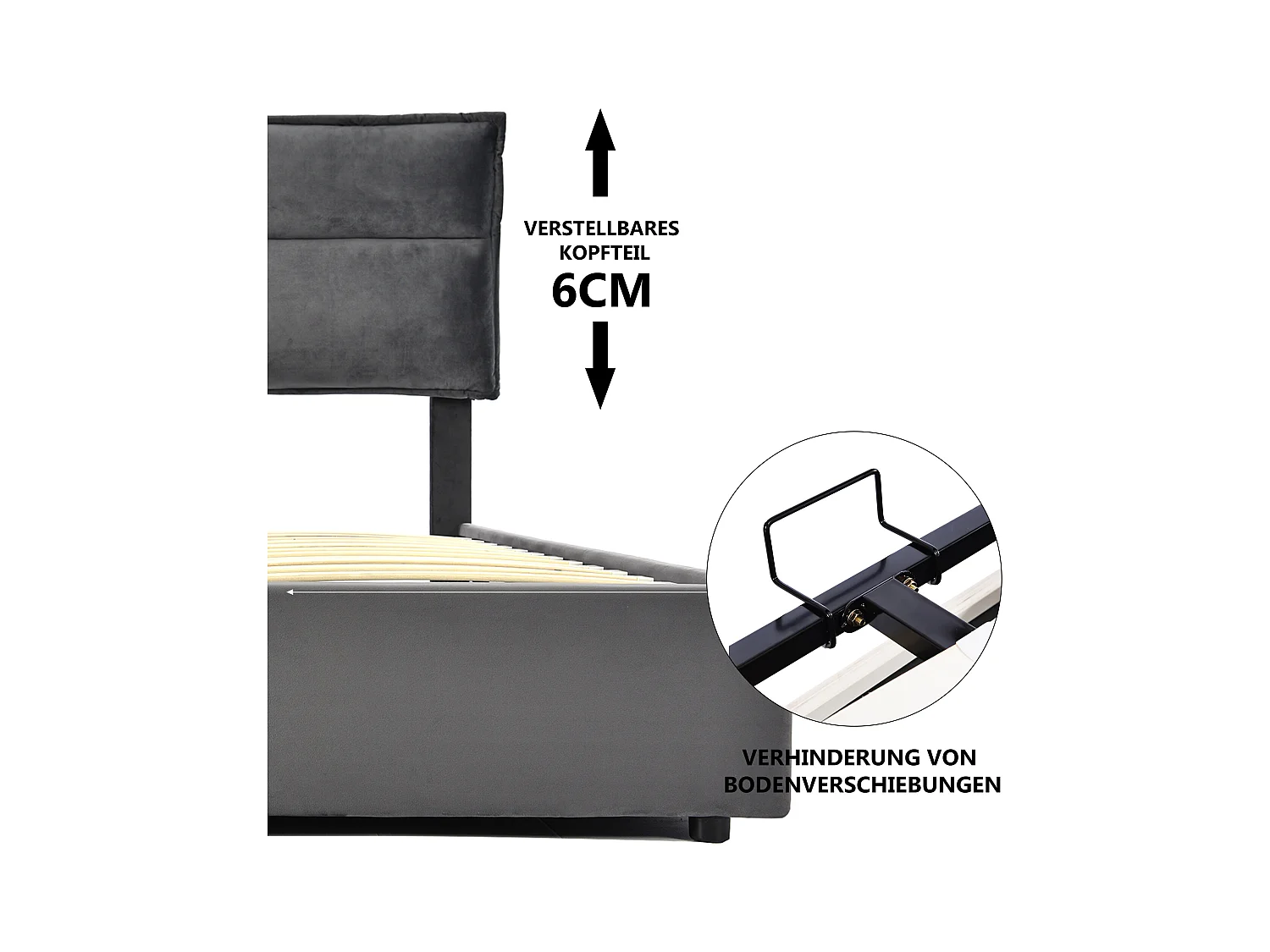 Bett mit Stauraum 140 x 200 cm – grauer Samt – Erwachsenenbett mit verstellbarem Kopfteil und Metallrahmen – ohne Matratze