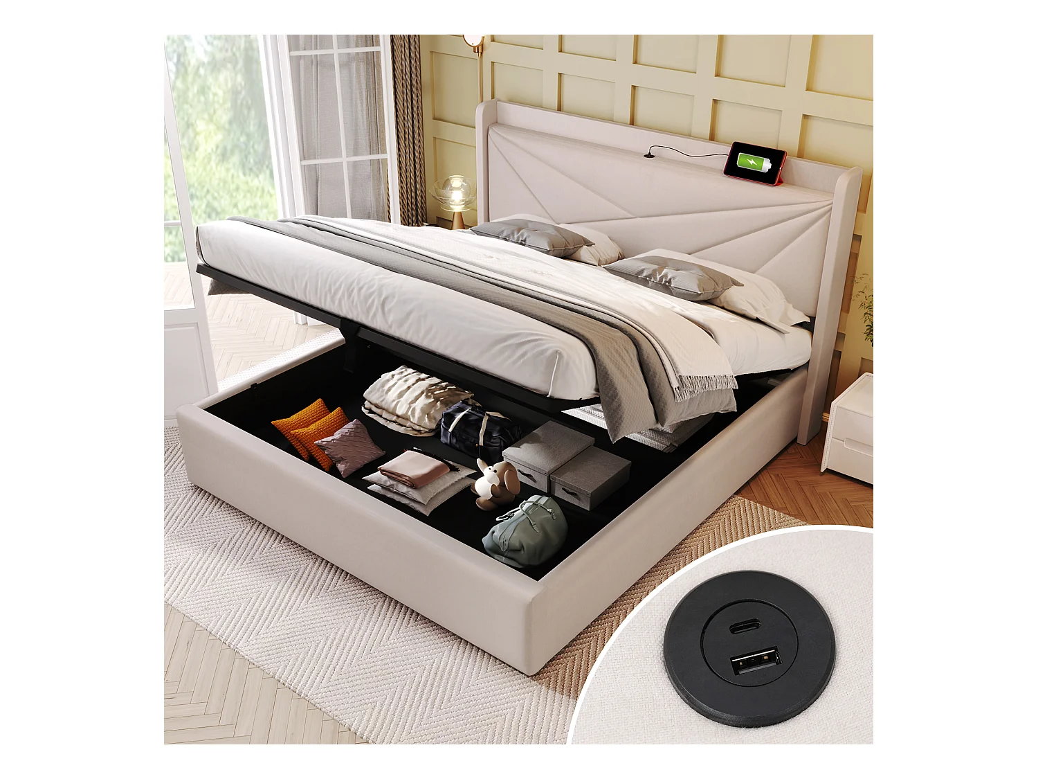 Lit coffre 140x200 cm - Lit rembourré avec fonction de charge USB - tissu lin beige - sans matelas