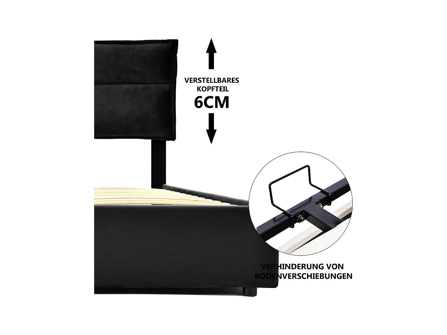 Bett mit Stauraum 140 x 200 cm – schwarzer Samt – Erwachsenenbett mit verstellbarem Kopfteil und Metallrahmen – ohne Matratze