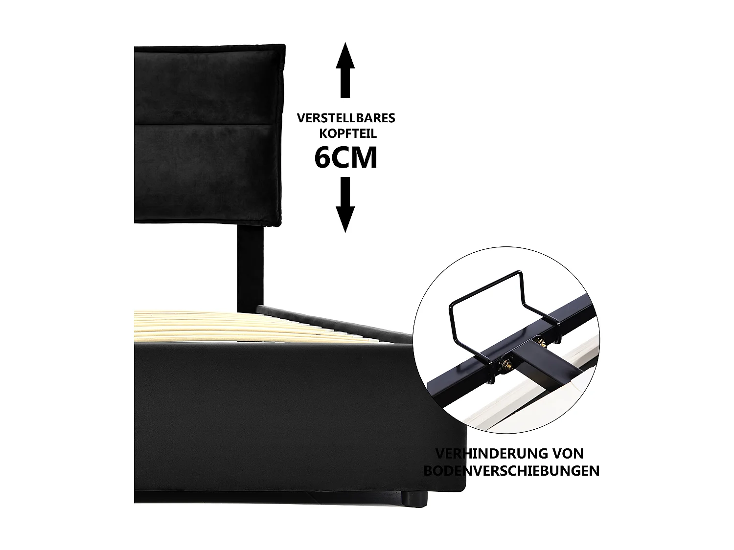 Bett mit Stauraum 140 x 200 cm – schwarzer Samt – Erwachsenenbett mit verstellbarem Kopfteil und Metallrahmen – ohne Matratze