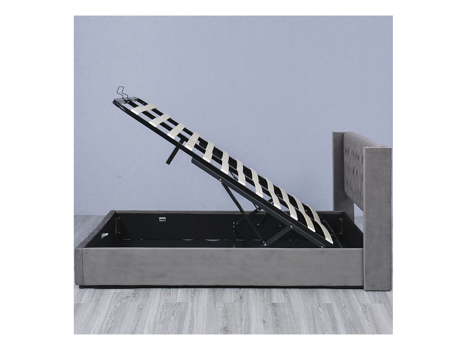 Lit coffre 140x190 cm - Velours gris - Lit adulte avec tête de lit capitonnée - Sans matelas