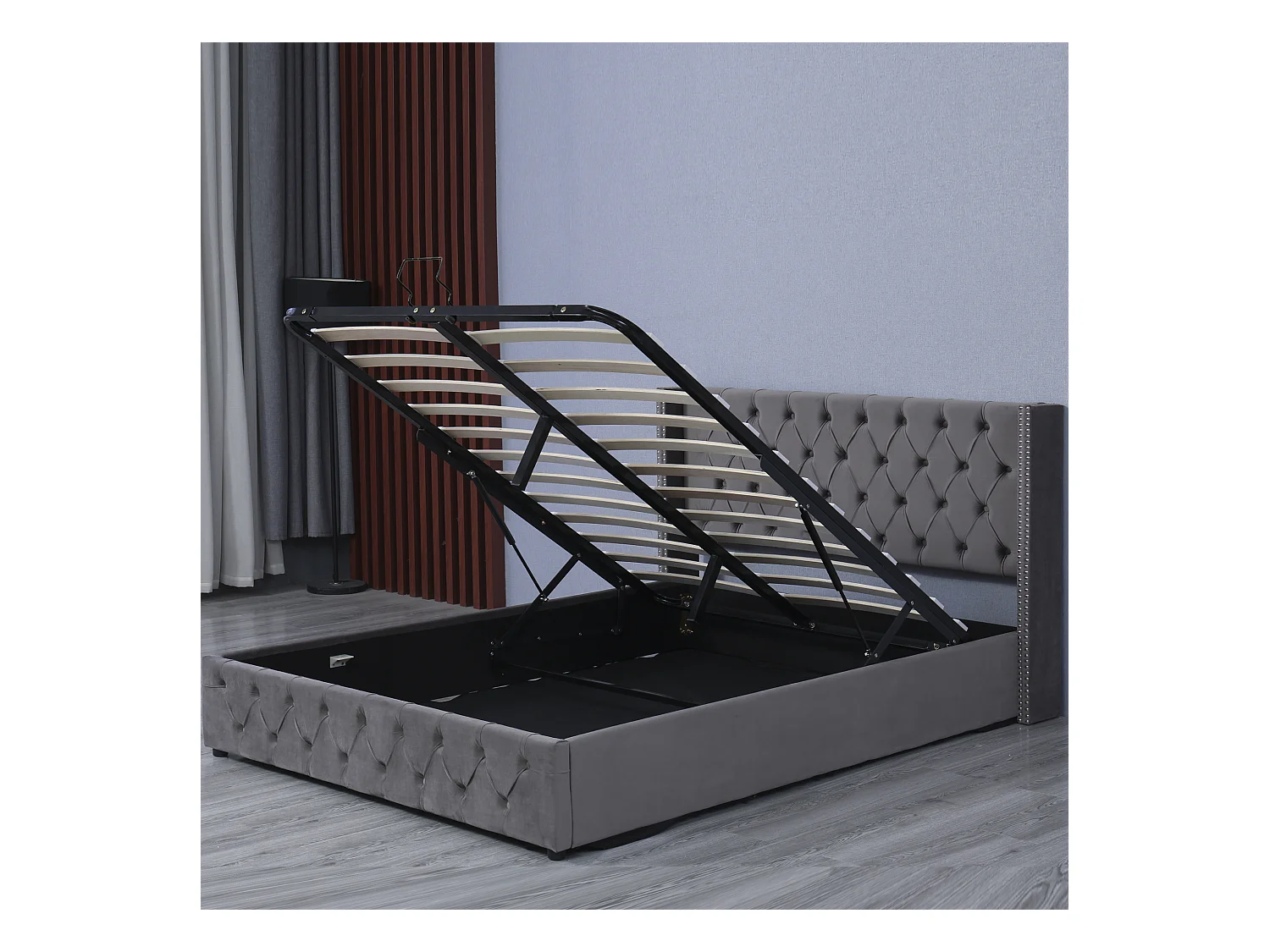 Lit coffre 140x190 cm - Velours gris - Lit adulte avec tête de lit capitonnée - Sans matelas