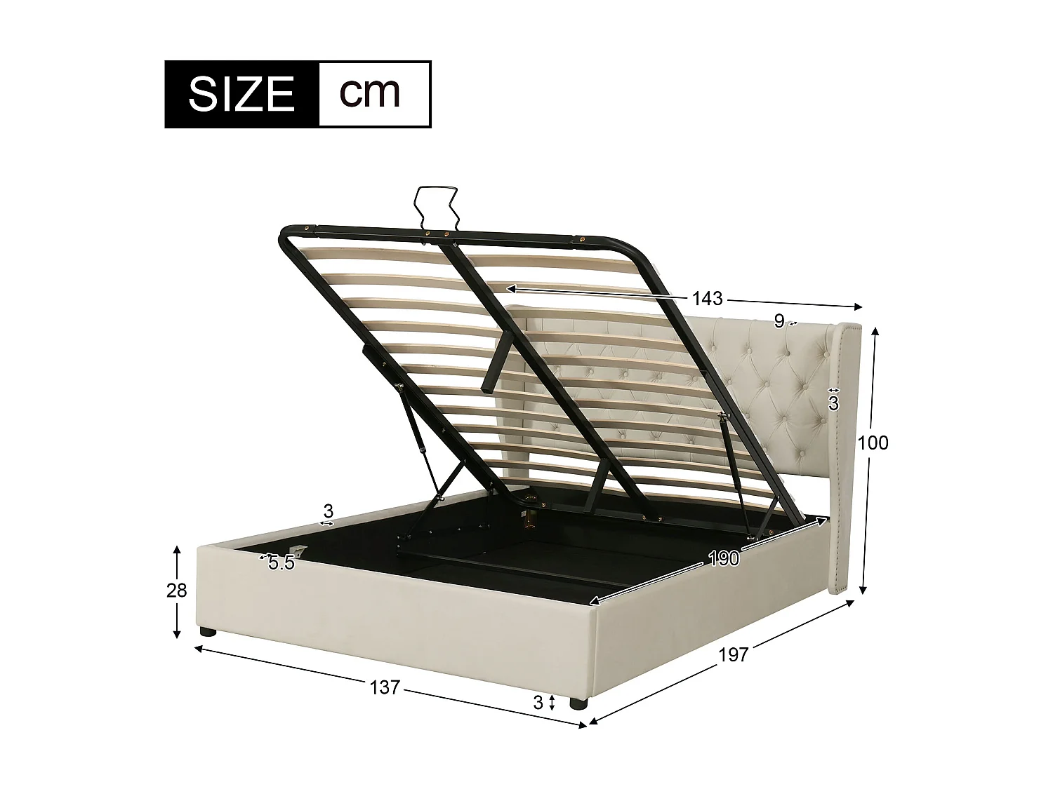 Lit coffre 160x200 cm - velours beige - lit double avec tête de lit tapissée et sommier à lattes - sans matelas