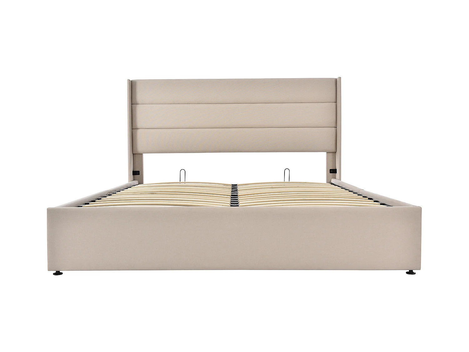 140 x 200 cm Bett mit Stauraum – Beiges Leinen – Bett mit gepolstertem Kopfteil und Lattenrost – Ohne Matratze