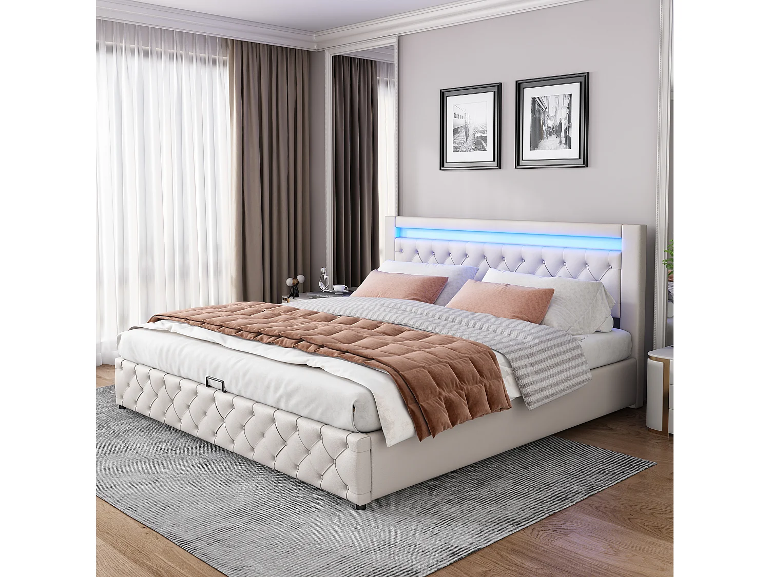 Bett mit Stauraum 180 x 200 cm – weißes PU – mit regulierbarer LED-Beleuchtung – Lattenrost – ohne Matratze