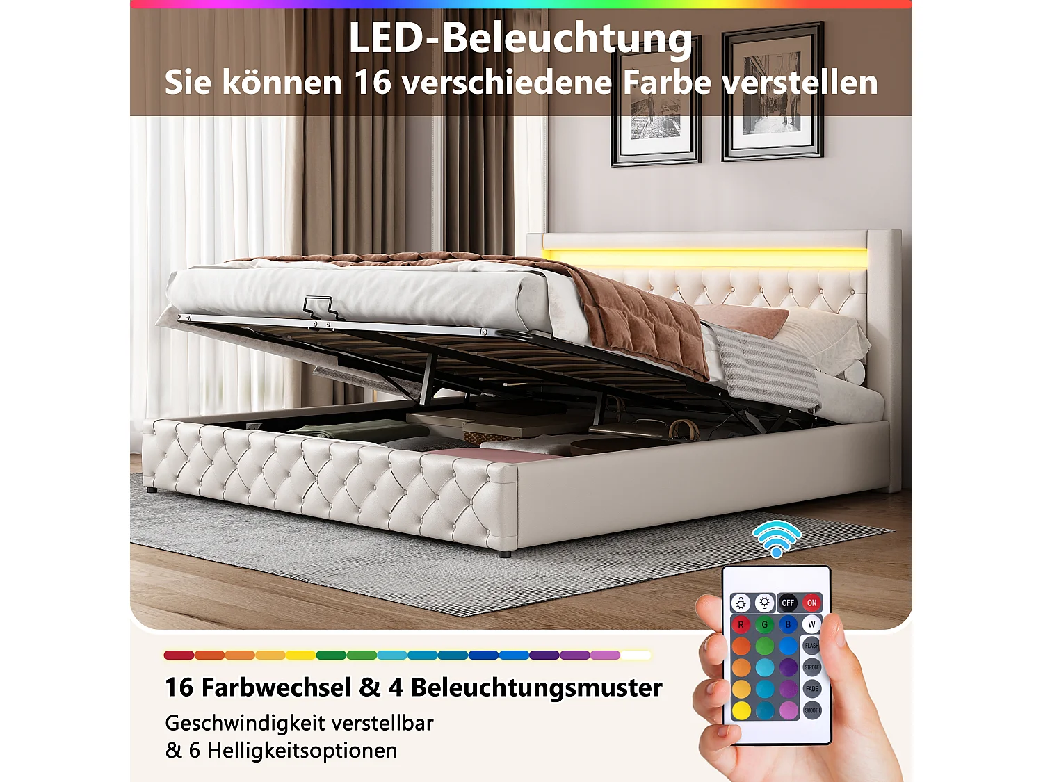 Bett mit Stauraum 180 x 200 cm – weißes PU – mit regulierbarer LED-Beleuchtung – Lattenrost – ohne Matratze