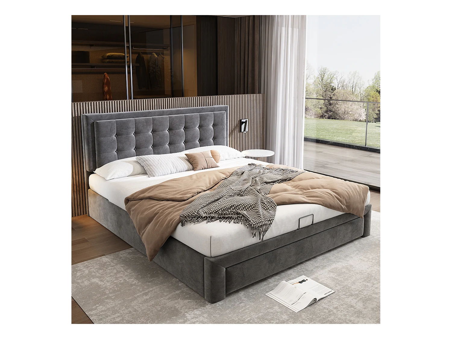 Bett mit Stauraum 180 x 200 cm – grauer Samt – Doppelbett mit Schubladen und verstellbarem Kopfteil – ohne Matratze