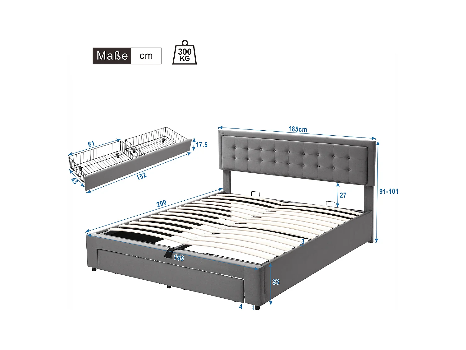 Bett mit Stauraum 180 x 200 cm – grauer Samt – Doppelbett mit Schubladen und verstellbarem Kopfteil – ohne Matratze