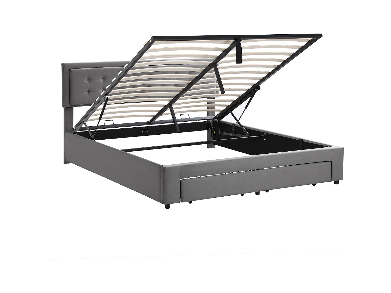 Bett mit Stauraum 180 x 200 cm – grauer Samt – Doppelbett mit Schubladen und verstellbarem Kopfteil – ohne Matratze