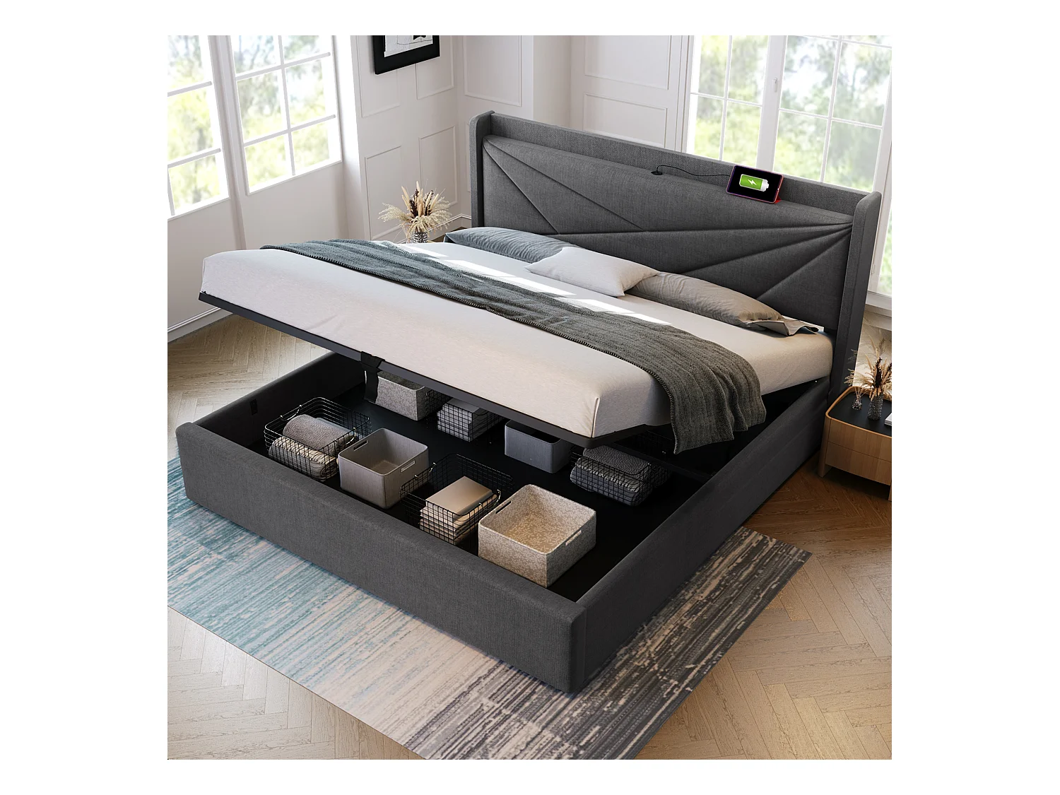 Lit coffre 140x200 cm - Lit adulte avec fonction de charge USB - sommier à lattes - lin gris - sans matelas