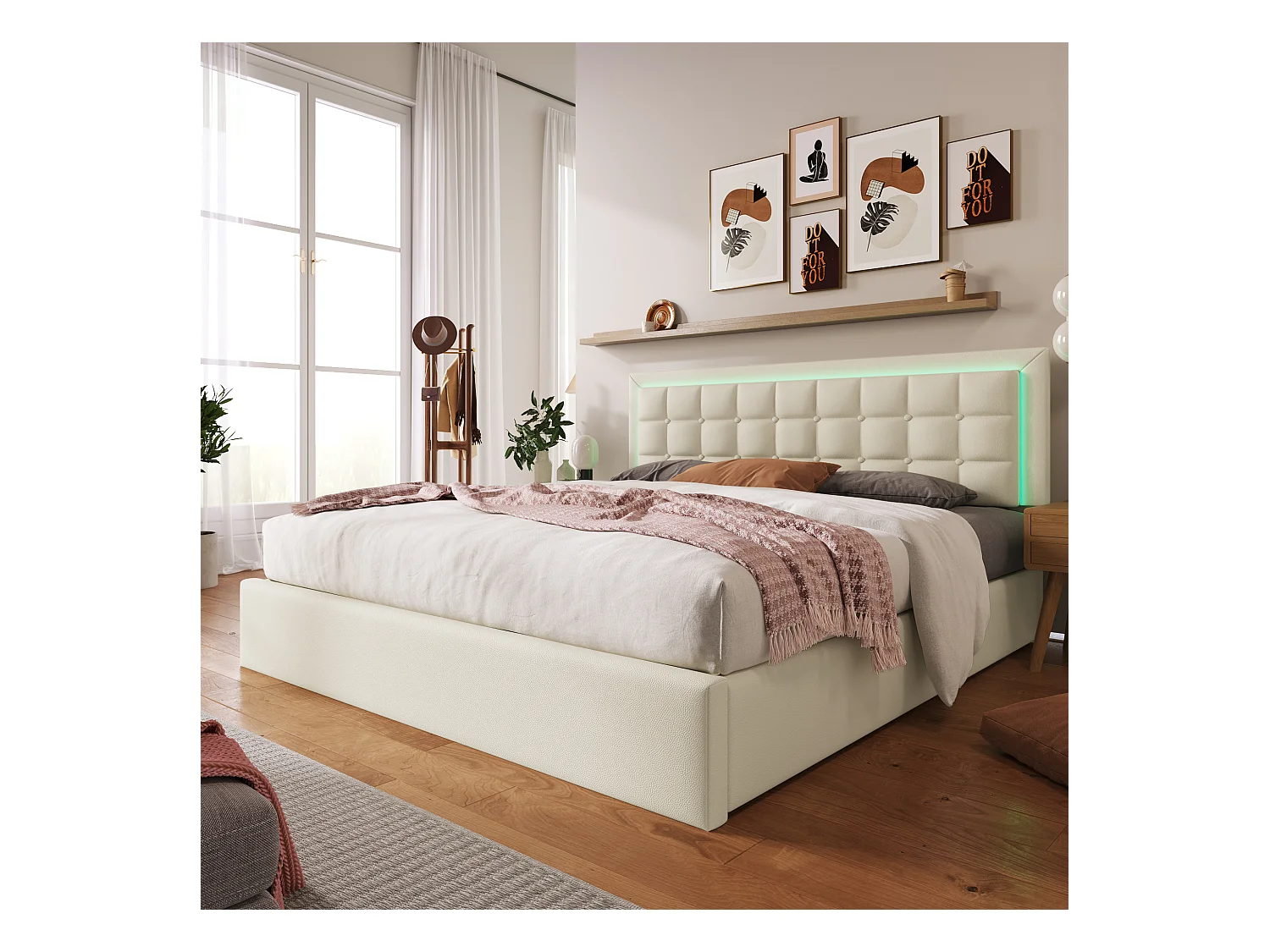 Lit coffre 160x200cm  Lit double avec LED et rangement - en cuir artificiel blanc - sans matelas