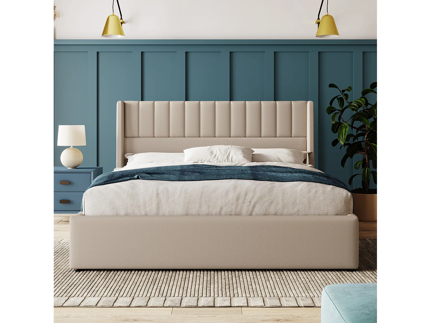 Lit coffre 160x200 cm, lin beige, Lit double avec tête de lit capitonnée et sommier à lattes, sans matelas