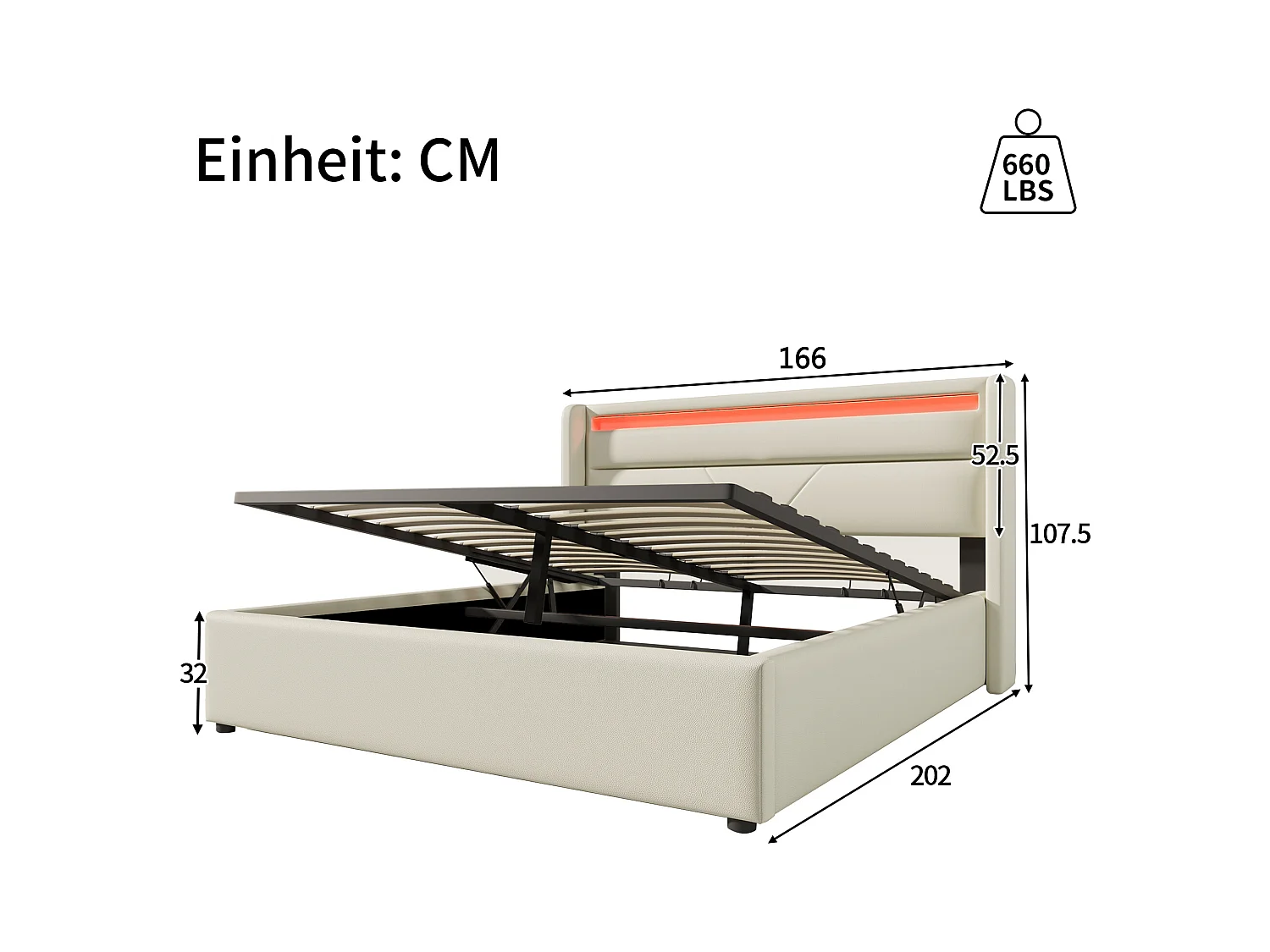 Bett mit Stauraum 160 x 200 cm – Weißes PU – Bett mit einstellbarer LED-Beleuchtung – Lattenrost – Ohne Matratze
