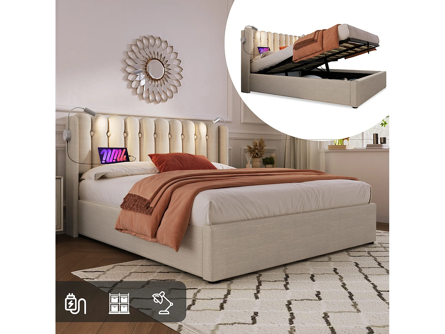 Cama contenedor tapizada de lino 160x200 cm Lámpara de lectura con carga - Natural