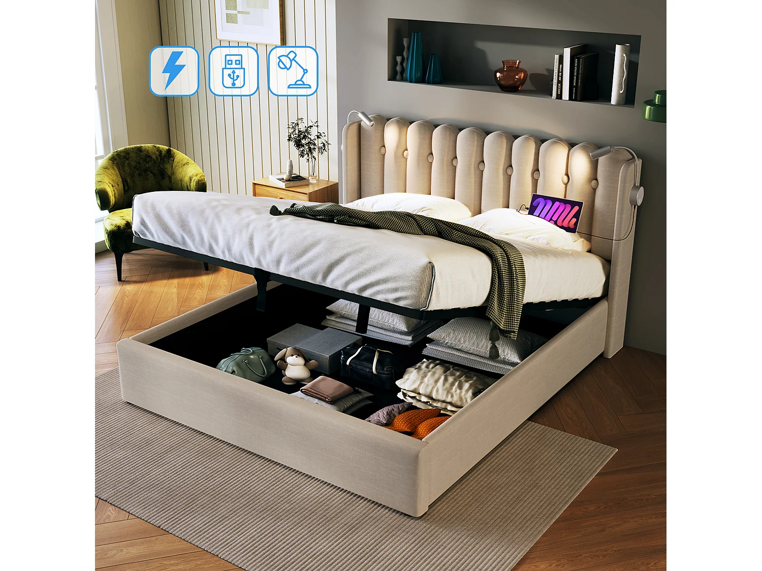 Cama contenedor tapizada de lino 160x200 cm Lámpara de lectura con carga - Natural