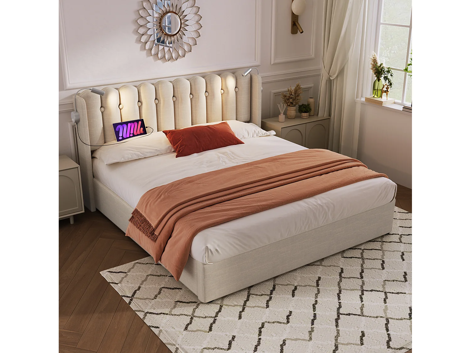 Bed met opbergruimte 160x200 cm - Natuurlijk linnen - Volwassenbed met leeslampje en oplaadfunctie - zonder matras