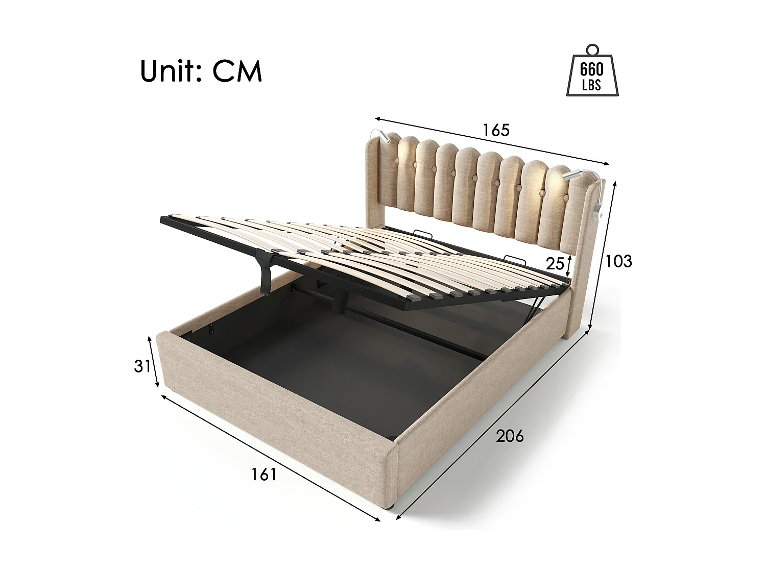 Bed met opbergruimte 160x200 cm - Natuurlijk linnen - Volwassenbed met leeslampje en oplaadfunctie - zonder matras