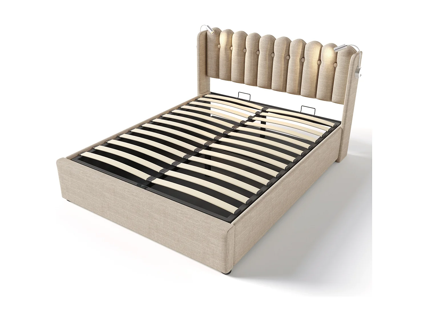 Bed met opbergruimte 160x200 cm - Natuurlijk linnen - Volwassenbed met leeslampje en oplaadfunctie - zonder matras