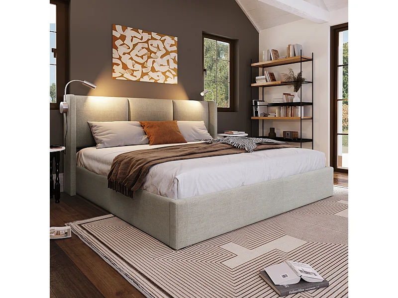 Bett mit Stauraum 160 x 200 cm – beigefarbenes Leinen – Doppelbett mit Leselampe und USB-Ladefunktion – Matratze nicht enthalten