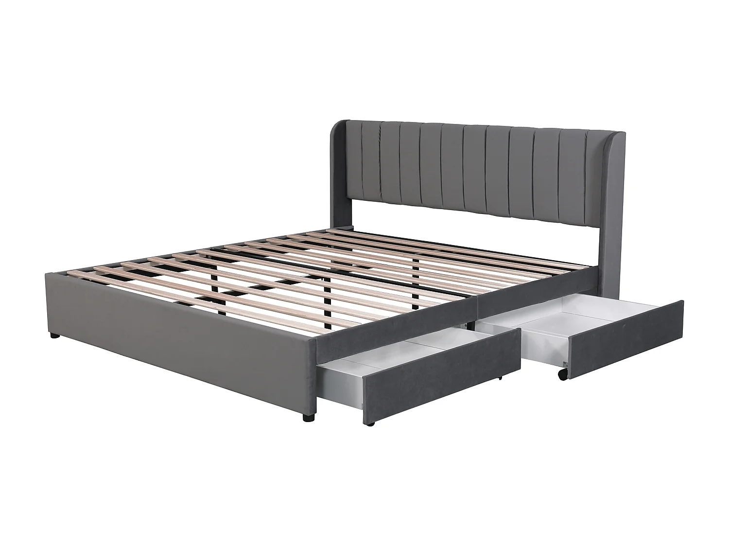 Lit adulte 180x200 cm avec 2 tiroirs - Velours gris - Lit double avec sommier à lattes et dossier - Sans matelas