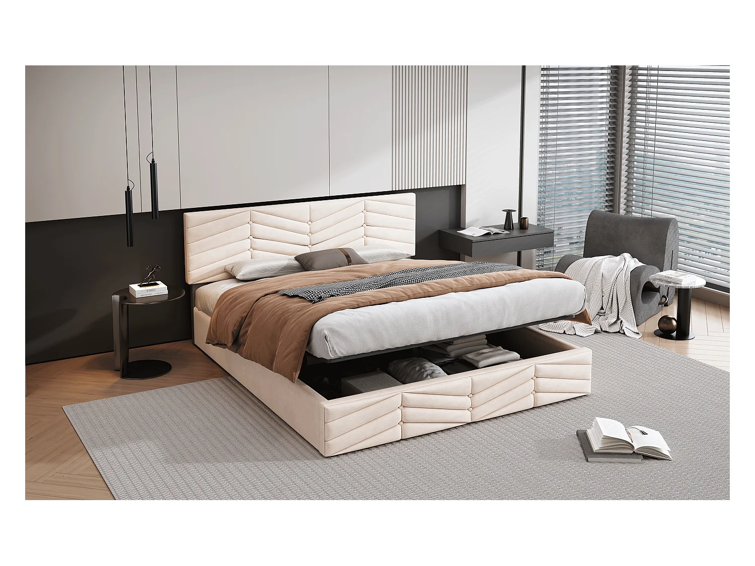 Lit coffre 140x200 cm lit adulte avec tête de lit réglable en hauteur -  velours beige - sans matelas